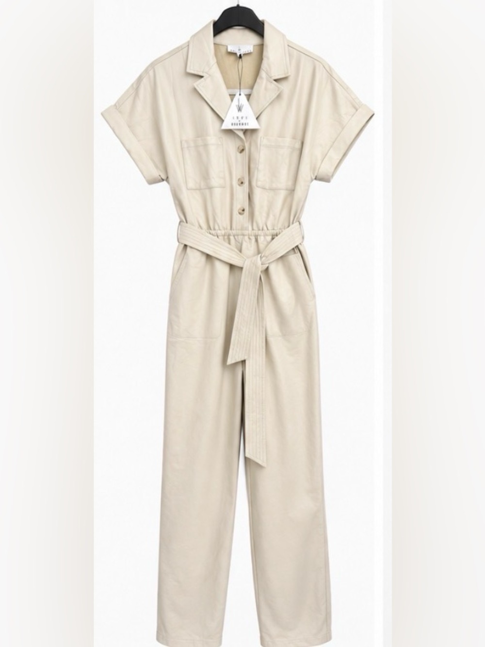 Lost + Wander NWT Ivory Faux Leather Utility Jumpsuit Belted Cotton PU